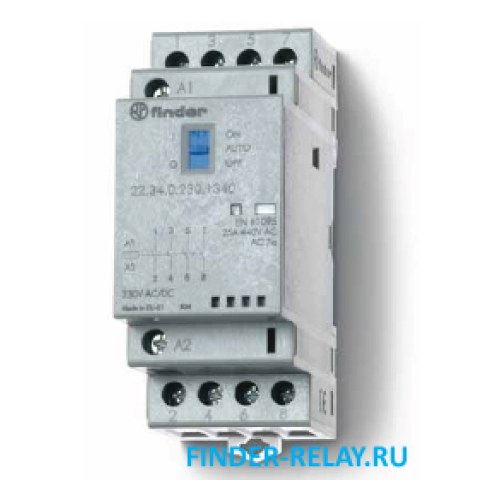 22.34.0.230.4320 Контактор модульный; 4НО контакта 25А (~= 230В AC/DC) - AgSnO2 Finder — Finder 22.34.0.230.4320