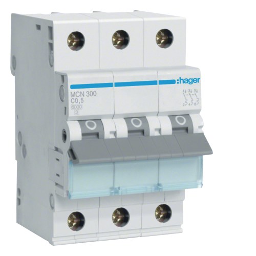 Hager, Автоматический выключатель 3P, C-0,5A, 6kA — Hager MCN300